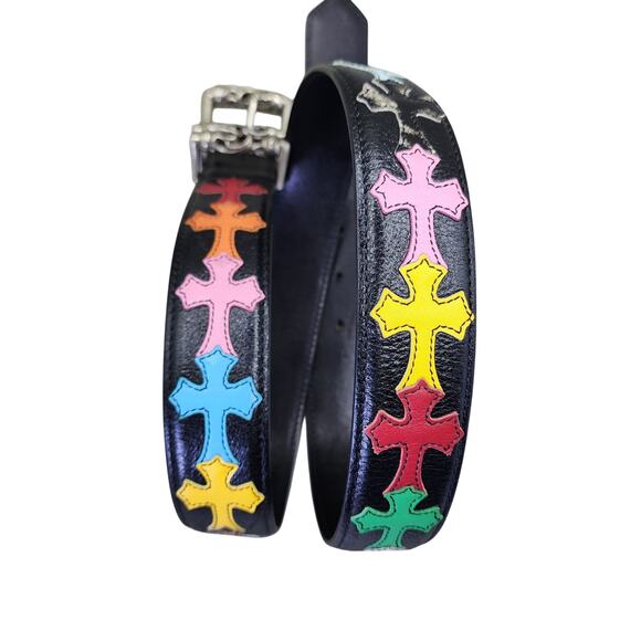 Chrome Hearts 925 Multi Color Cross Patch Black Leather Belt Size 36 Roller - Picture 1 of 11